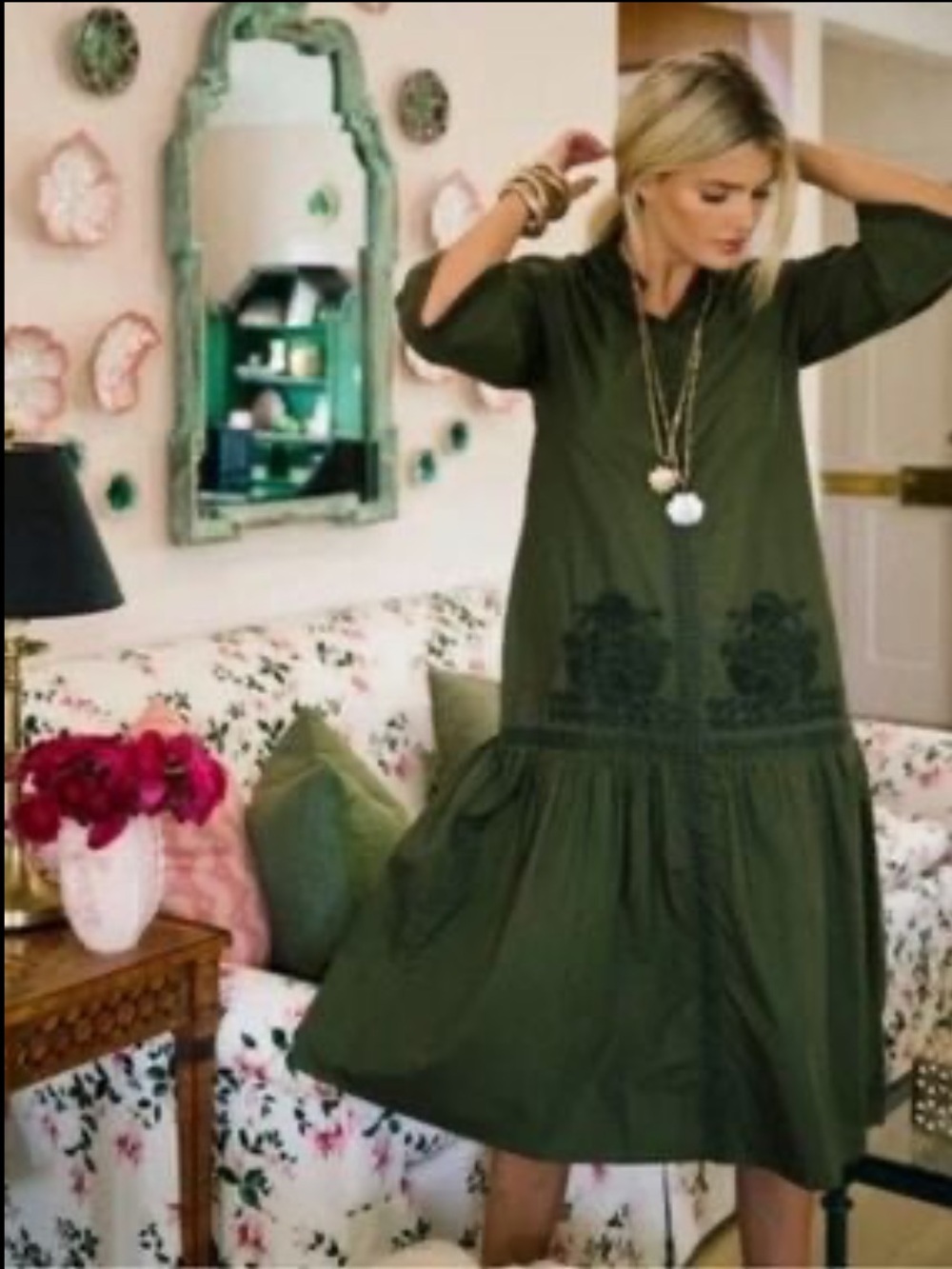 NWT Julia Amory Embroidered 100% Cotton Midi Dress XXL Green Floral